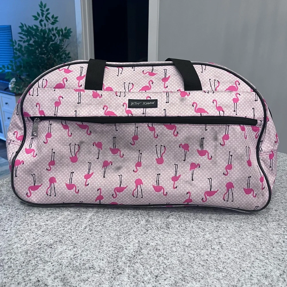 Betsy Johnson Pink Flamingo Rolling Travel Weekender Bag - Picture 2 of 10